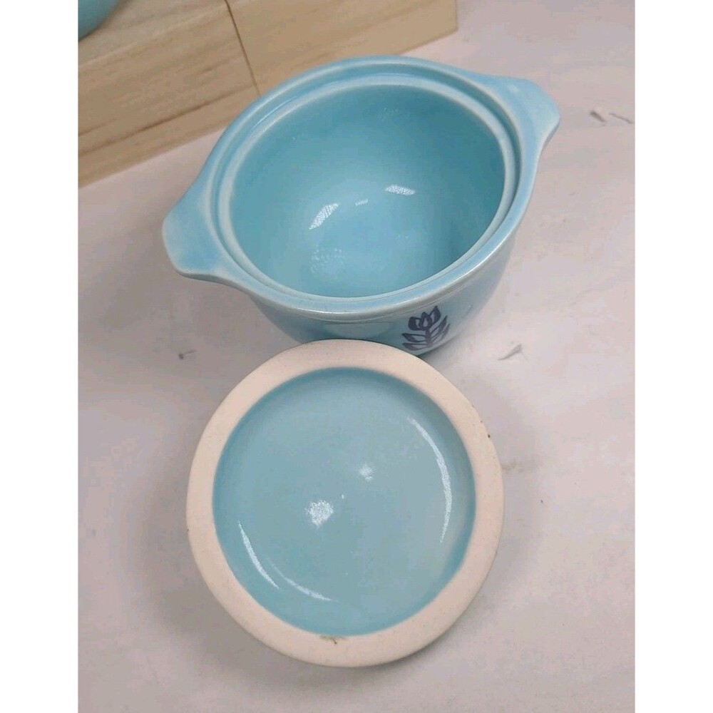Vintage (4) Cronin BLUE TULIP Small Soup Sauce Pots WITH Lids & Handles - Picture 8 of 11
